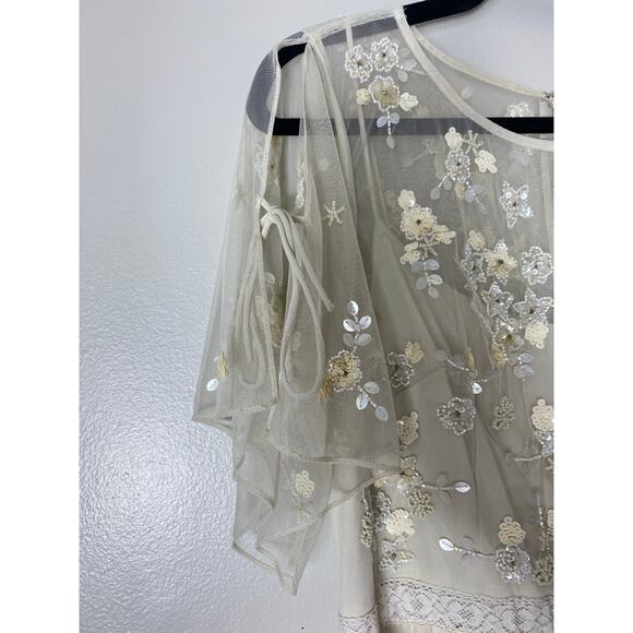 ADRIANNA PAPELL DRESS 14  FAIRY WHIMSICAL SEQUIN BEADED FLORAL SHEER FLUTTER - Picture 8 of 16